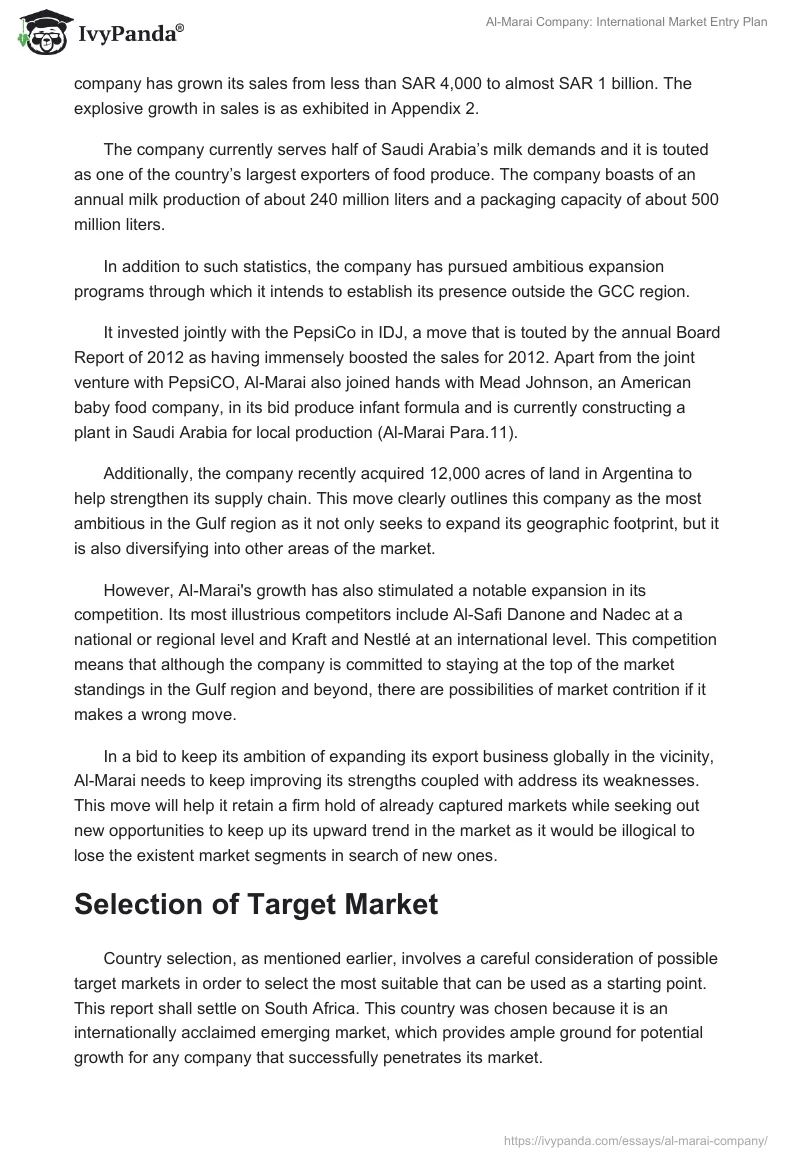 Al-Marai Company: International Market Entry Plan. Page 3