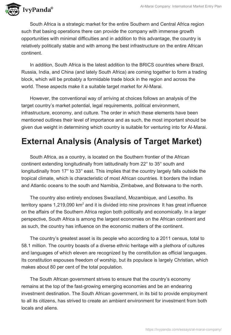Al-Marai Company: International Market Entry Plan. Page 4