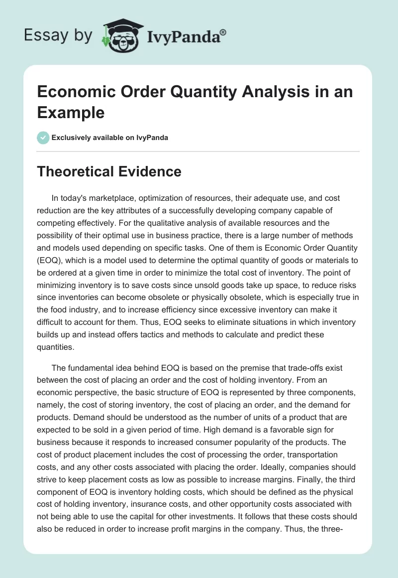 Economic Order Quantity Analysis in an Example. Page 1