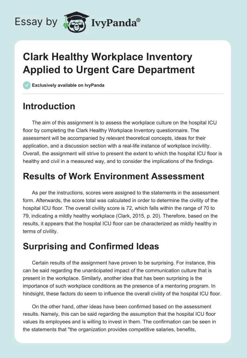 Clark Healthy Workplace Inventory Applied to Urgent Care Department. Page 1