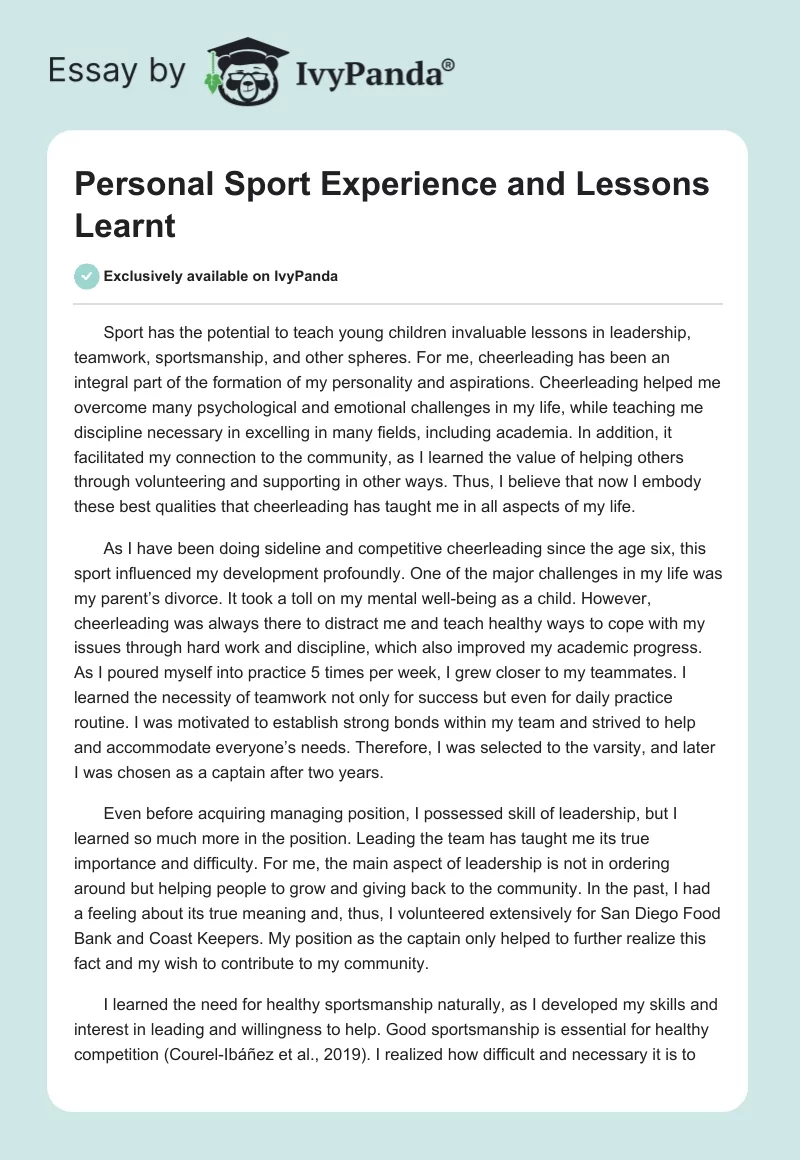 Personal Sport Experience and Lessons Learnt. Page 1