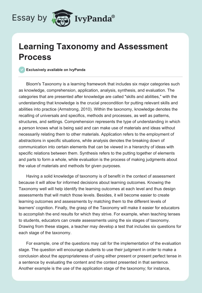 Learning Taxonomy and Assessment Process. Page 1