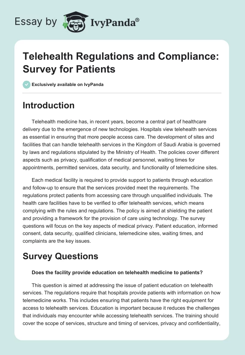 Telehealth Regulations and Compliance: Survey for Patients. Page 1