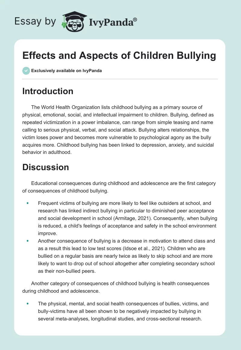 Effects and Aspects of Children Bullying. Page 1