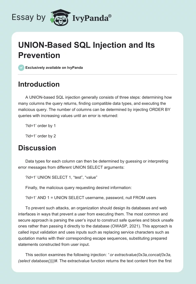 UNION-Based SQL Injection and Its Prevention. Page 1