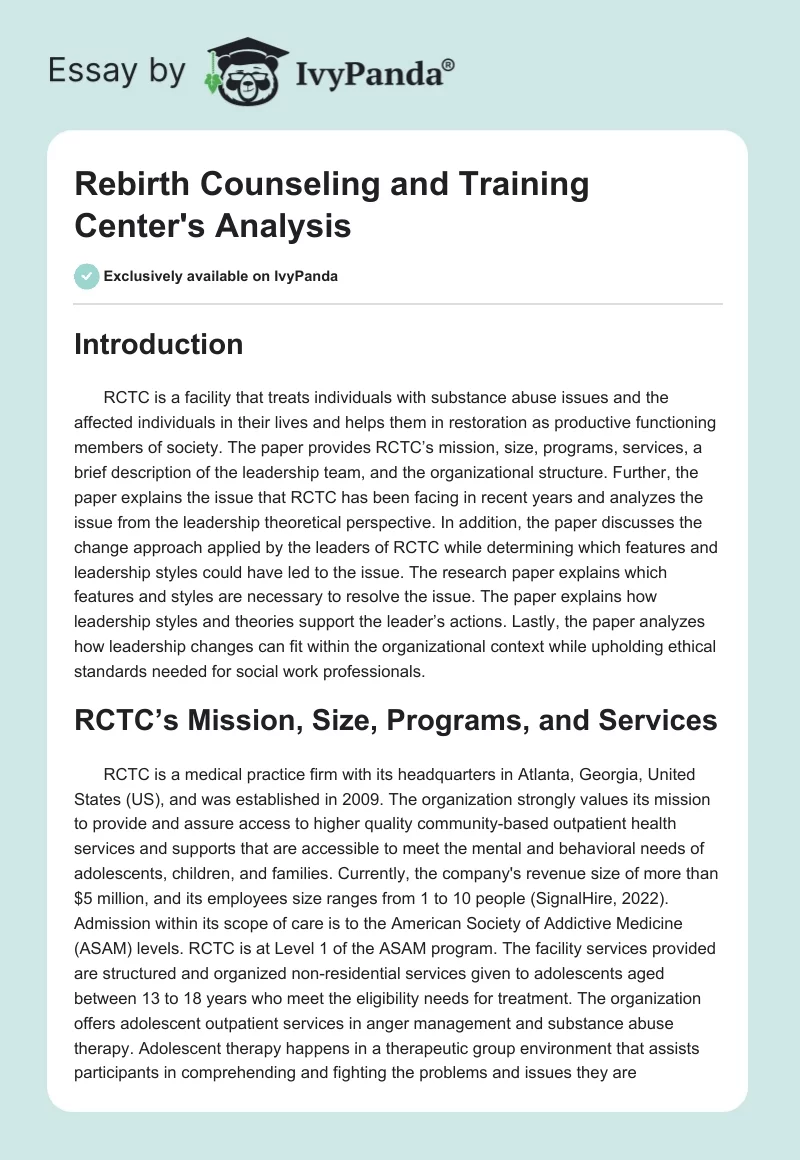 Rebirth Counseling and Training Center's Analysis. Page 1