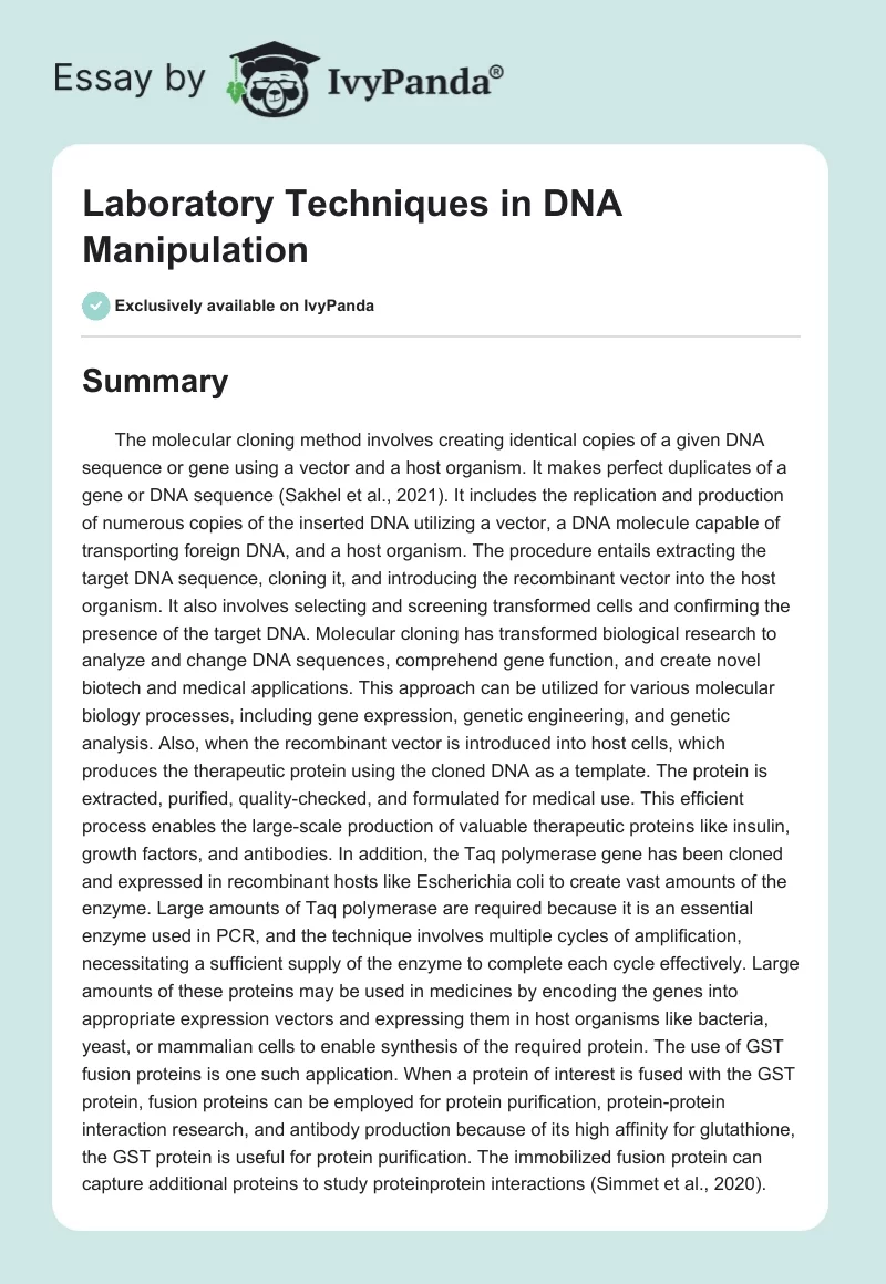 Laboratory Techniques in DNA Manipulation. Page 1