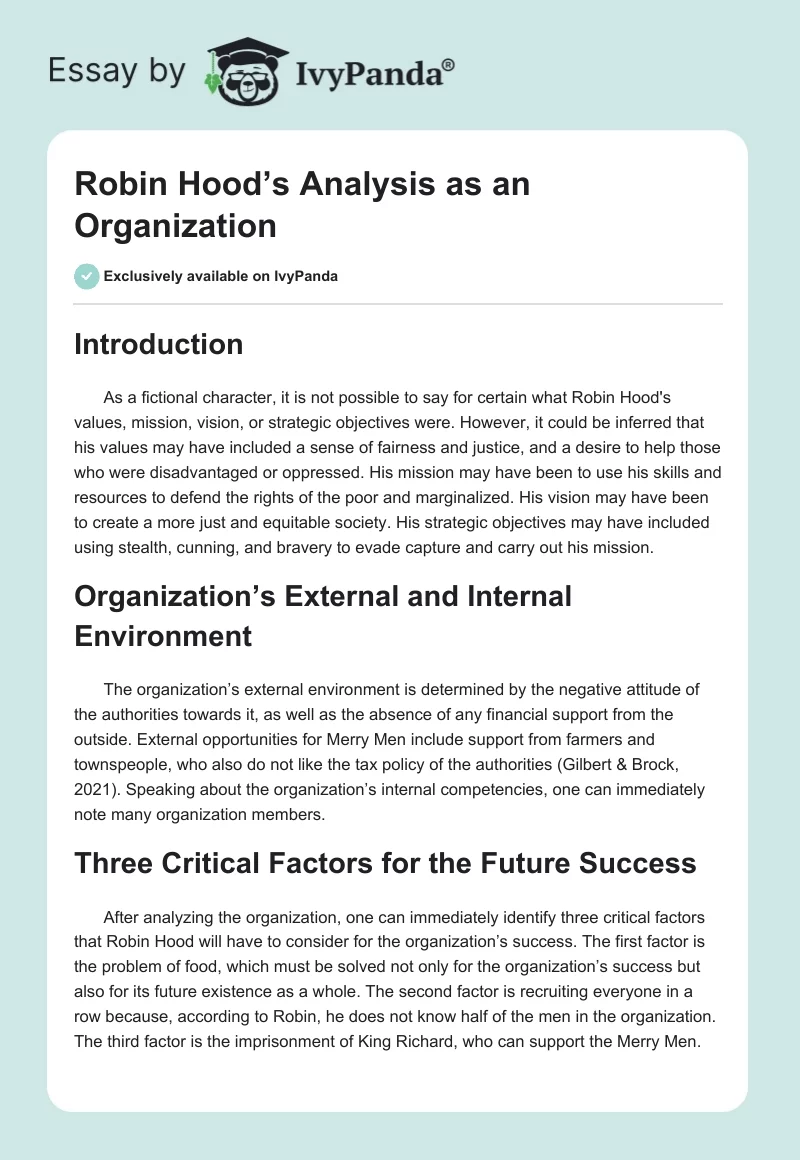 Robin Hood’s Analysis as an Organization. Page 1