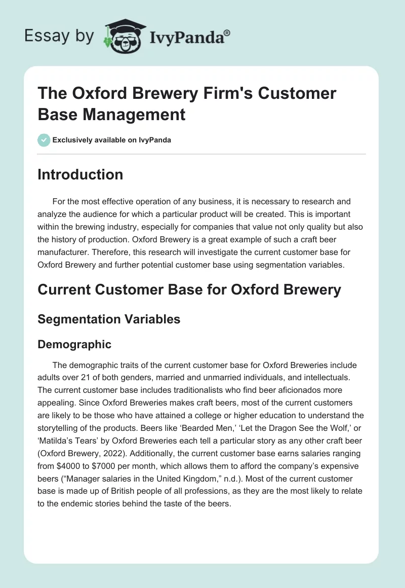 The Oxford Brewery Firm's Customer Base Management. Page 1
