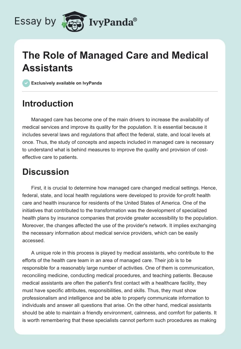 The Role of Managed Care and Medical Assistants. Page 1