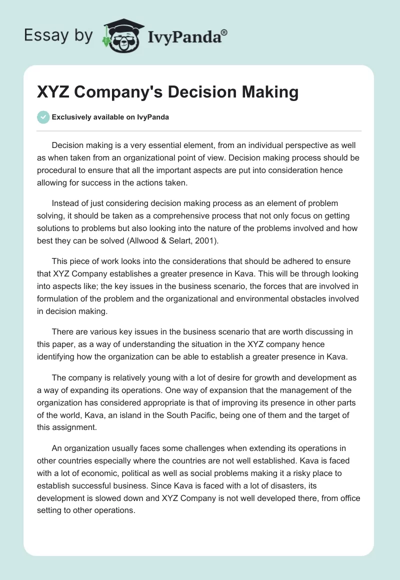 XYZ Company's Decision Making. Page 1