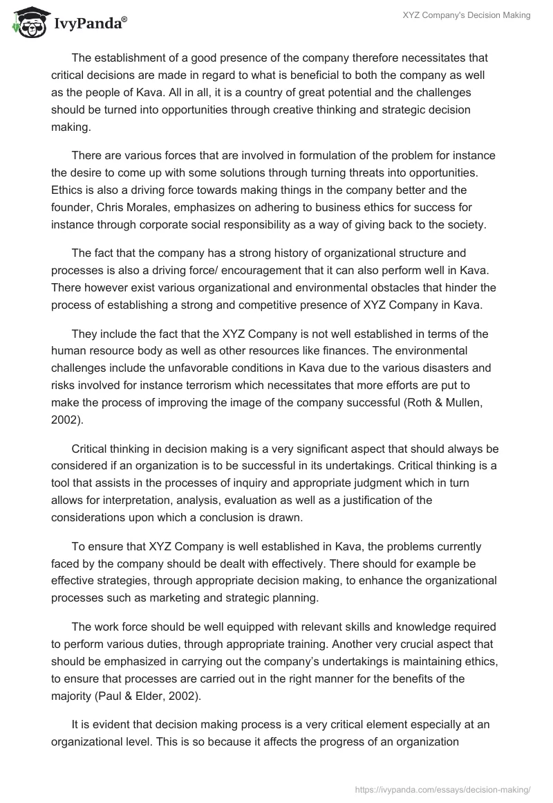 XYZ Company's Decision Making. Page 2