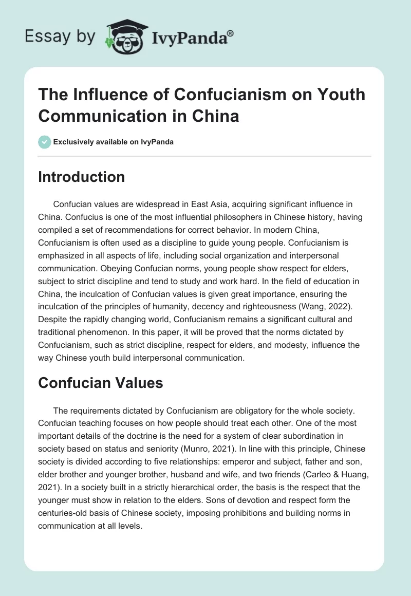The Influence of Confucianism on Youth Communication in China. Page 1