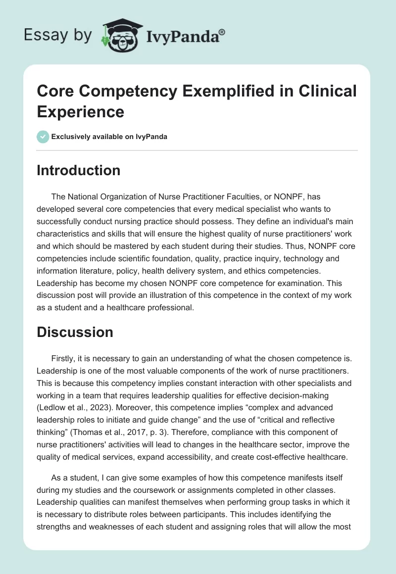 Core Competency Exemplified in Clinical Experience. Page 1