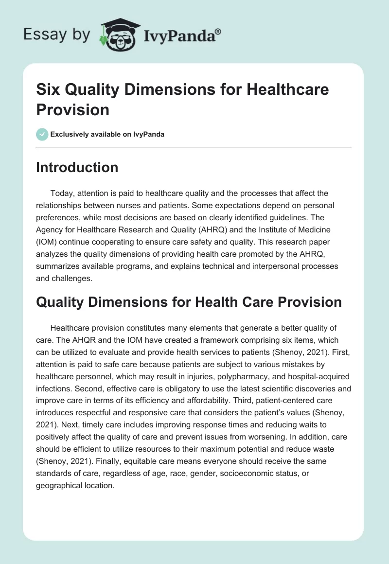 Six Quality Dimensions for Healthcare Provision. Page 1