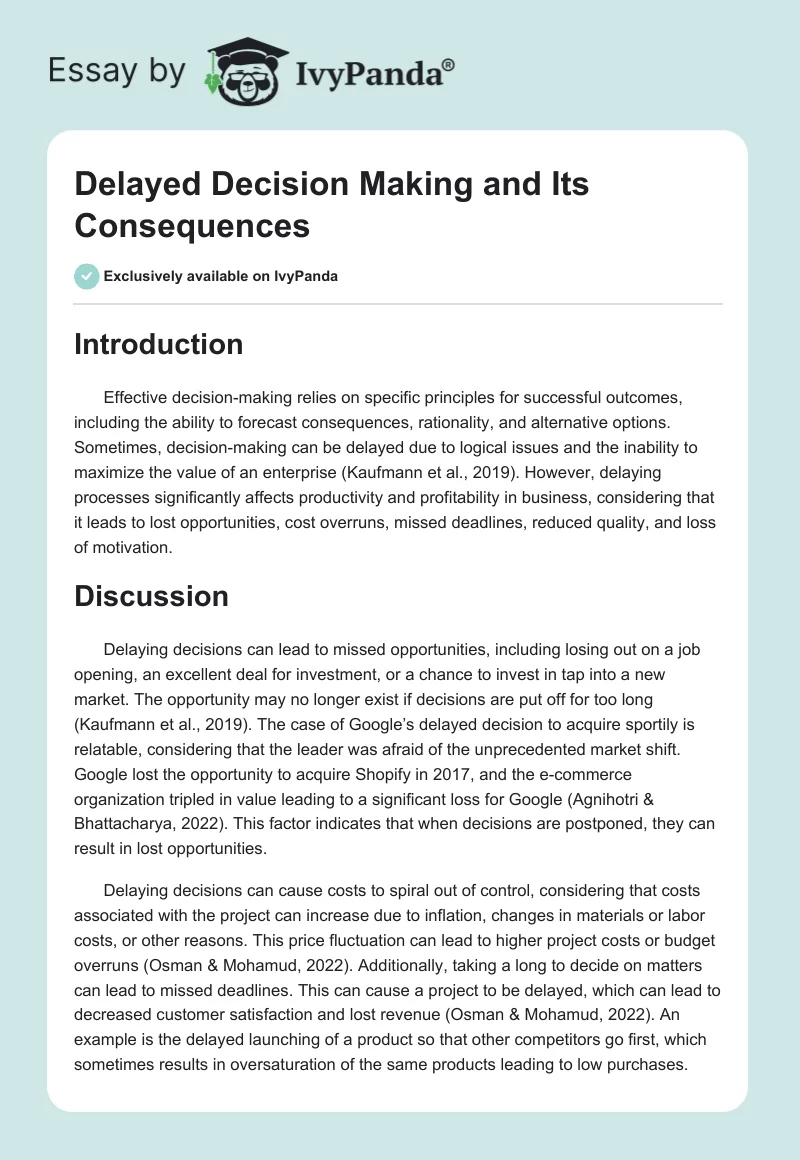 Delayed Decision Making and Its Consequences. Page 1