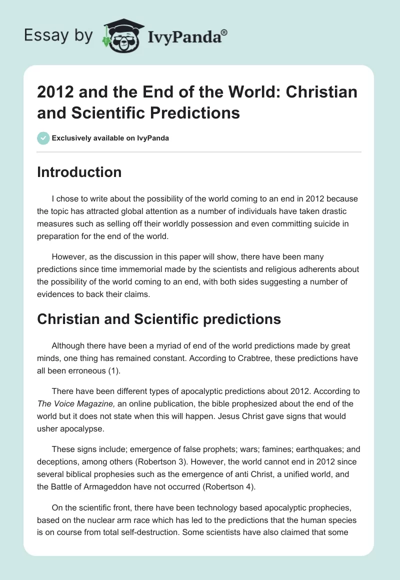2012 and the End of the World: Christian and Scientific Predictions. Page 1