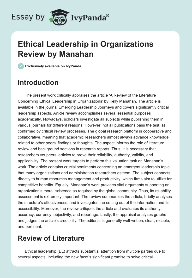 Ethical Leadership in Organizations Review by Manahan. Page 1