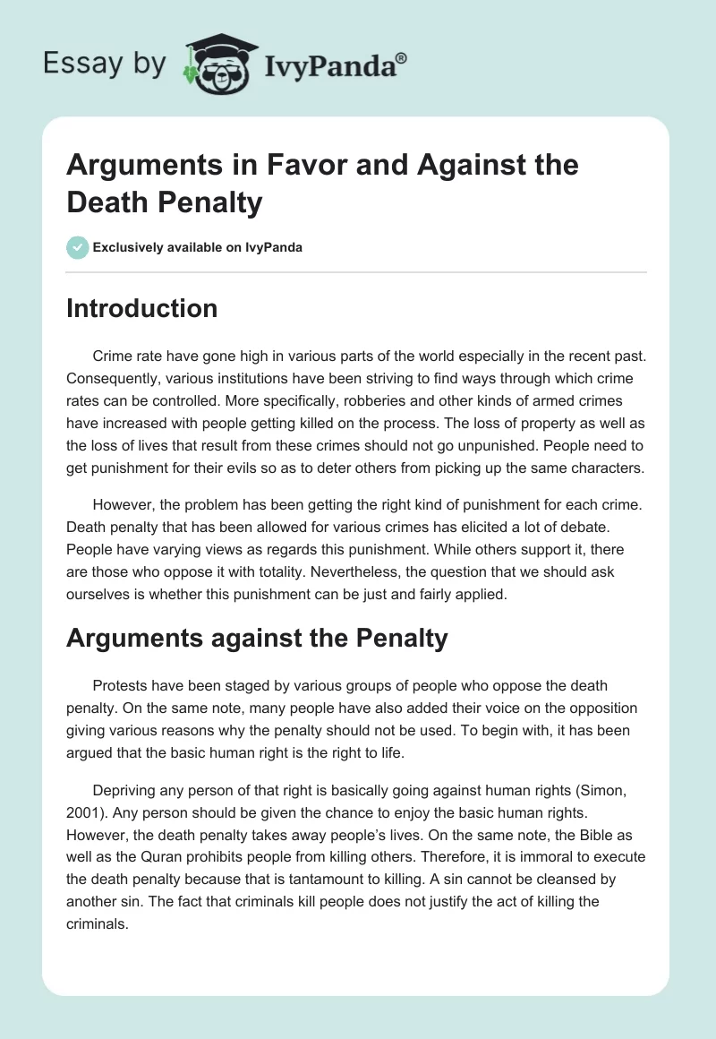 Arguments in Favor and Against the Death Penalty. Page 1