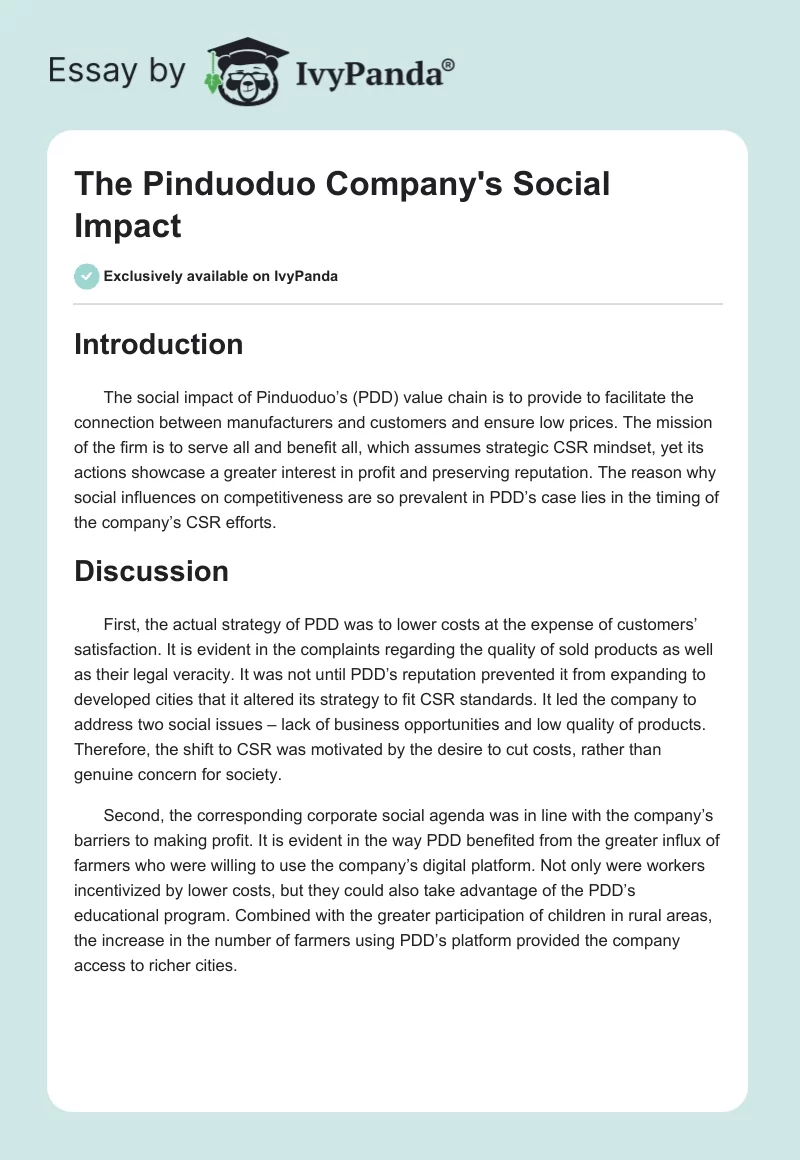 The Pinduoduo Company's Social Impact. Page 1