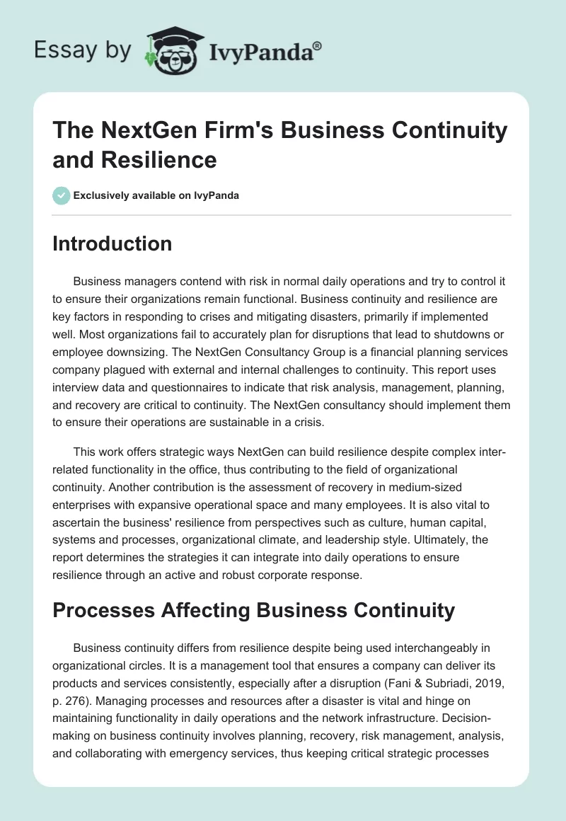 The NextGen Firm's Business Continuity and Resilience. Page 1