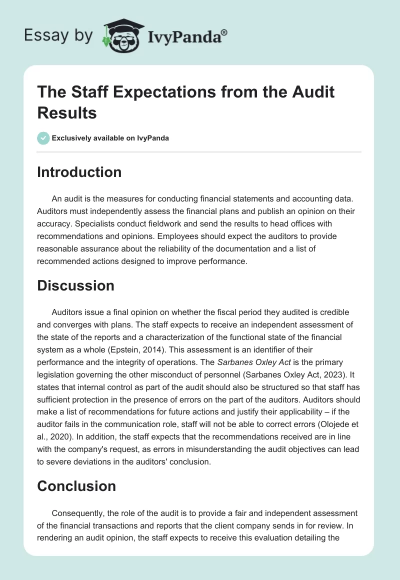The Staff Expectations from the Audit Results. Page 1