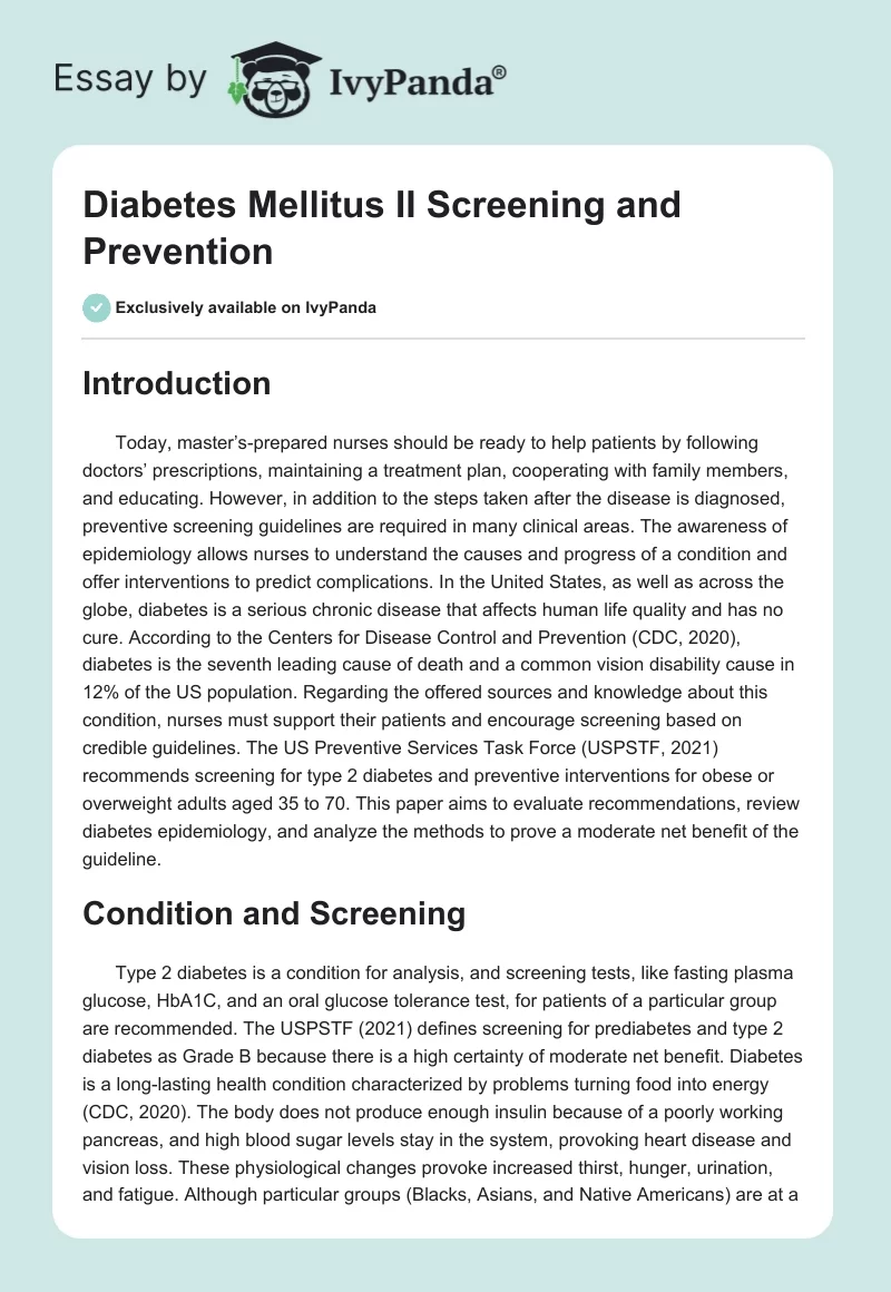 Diabetes Mellitus II Screening and Prevention. Page 1