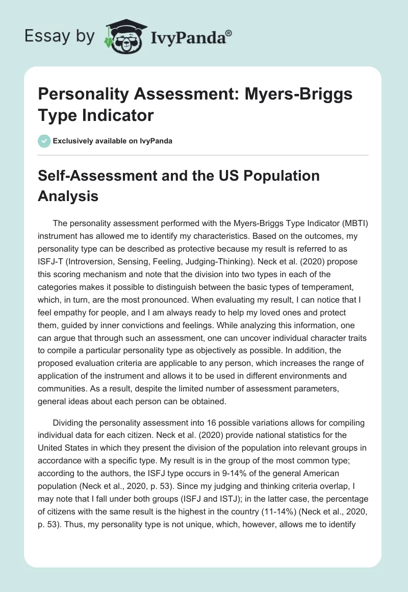 Personality Assessment: Myers-Briggs Type Indicator. Page 1