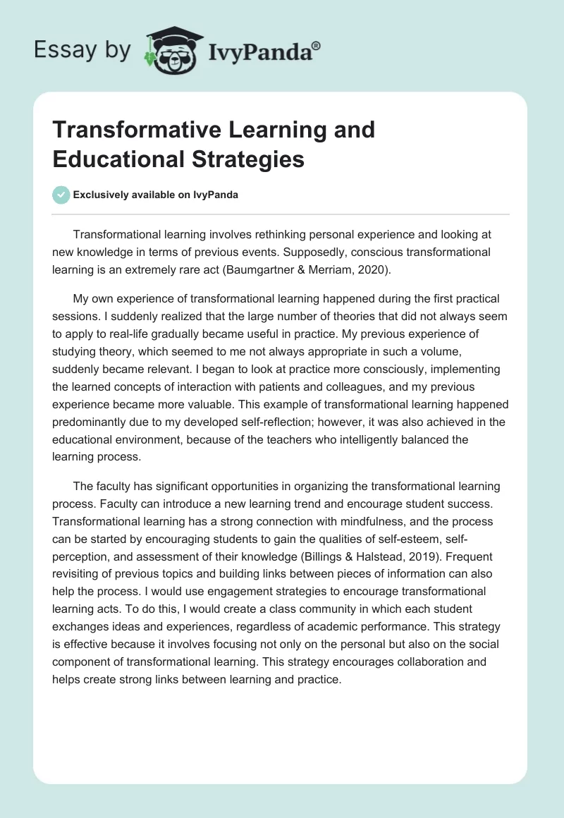 Transformative Learning and Educational Strategies. Page 1