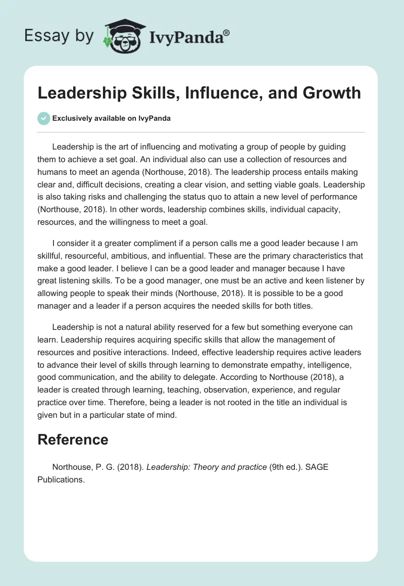 Leadership Skills, Influence, and Growth. Page 1