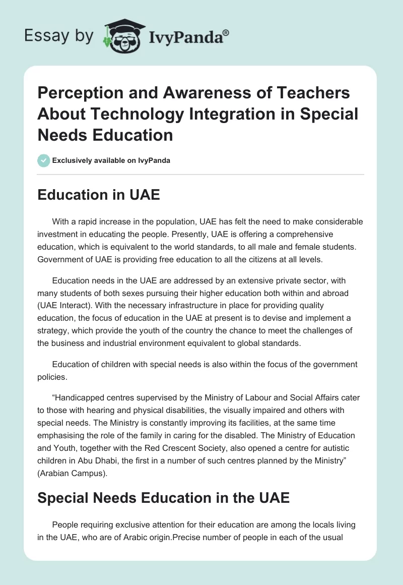 Perception and Awareness of Teachers About Technology Integration in Special Needs Education. Page 1