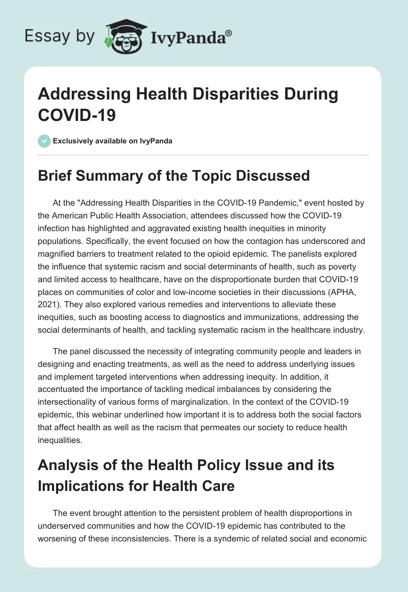 Addressing Health Disparities During COVID-19. Page 1