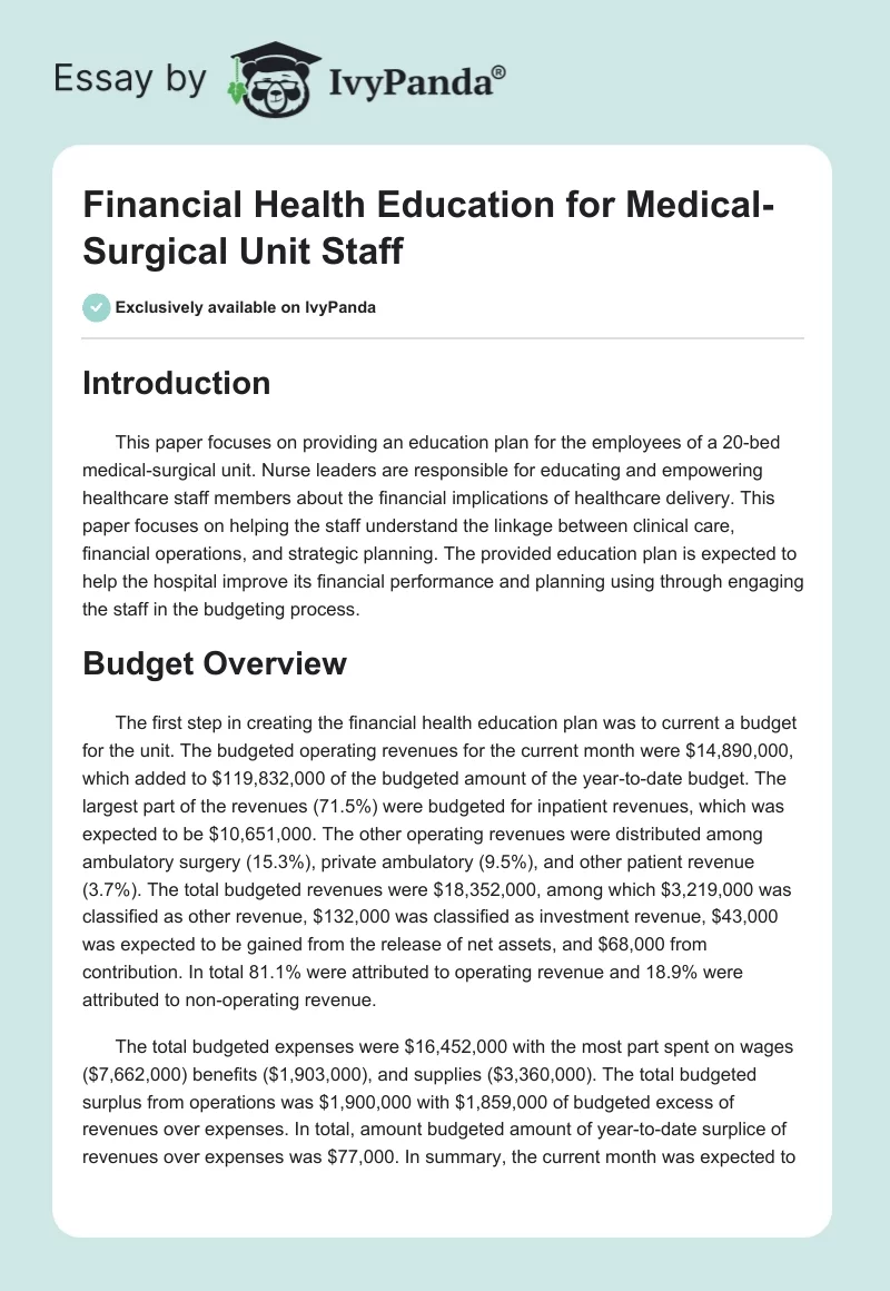 Financial Health Education for Medical-Surgical Unit Staff. Page 1