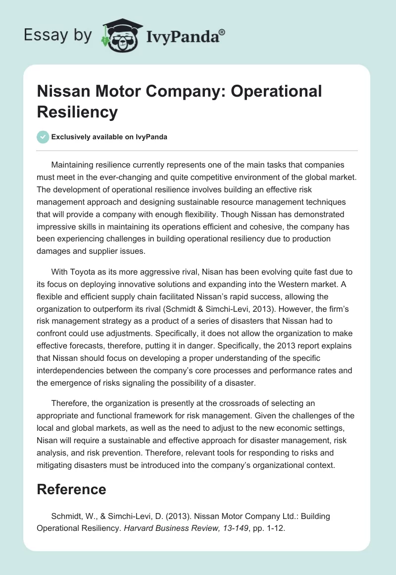 Nissan Motor Company: Operational Resiliency. Page 1