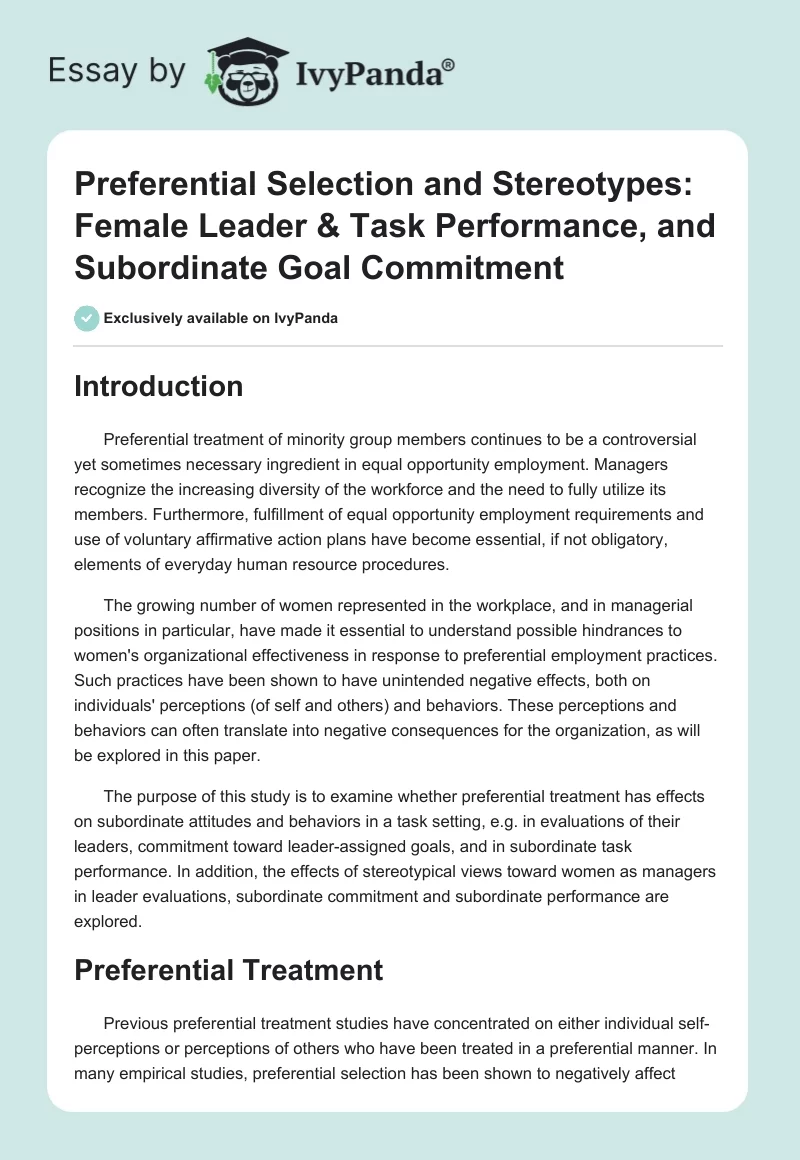 Preferential Selection and Stereotypes: Female Leader & Task Performance, and Subordinate Goal Commitment. Page 1