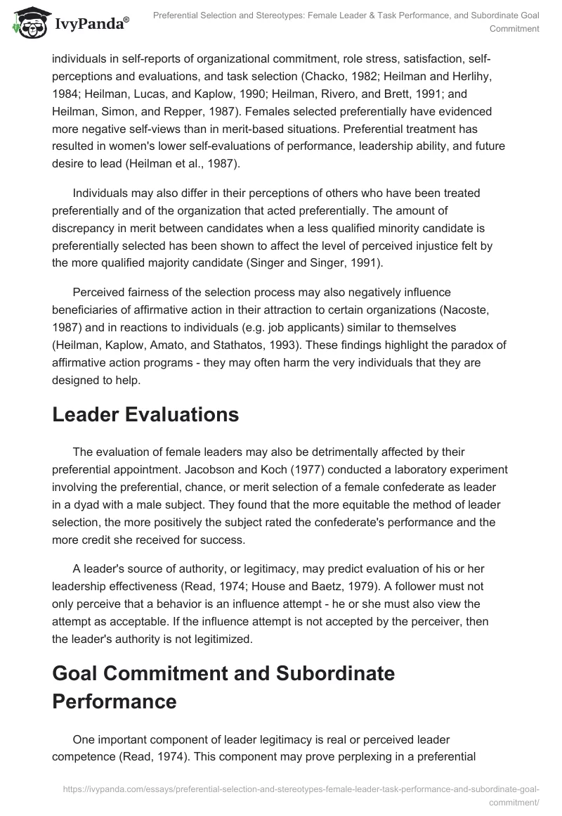 Preferential Selection and Stereotypes: Female Leader & Task Performance, and Subordinate Goal Commitment. Page 2