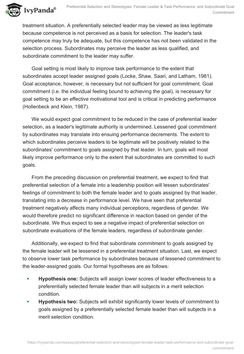 Preferential Selection and Stereotypes: Female Leader & Task Performance, and Subordinate Goal Commitment. Page 3