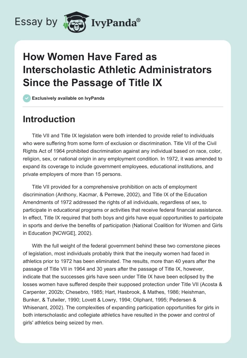 How Women Have Fared as Interscholastic Athletic Administrators Since the Passage of Title IX. Page 1