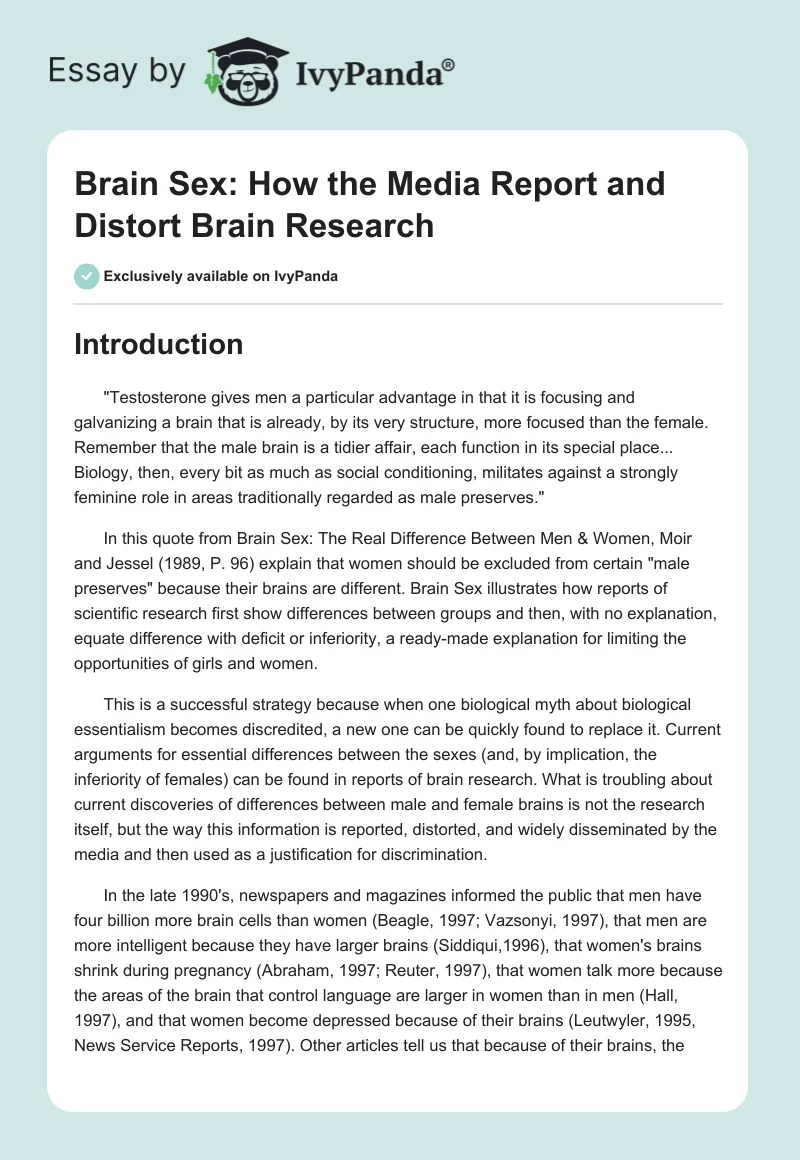 Brain Sex: How the Media Report and Distort Brain Research. Page 1