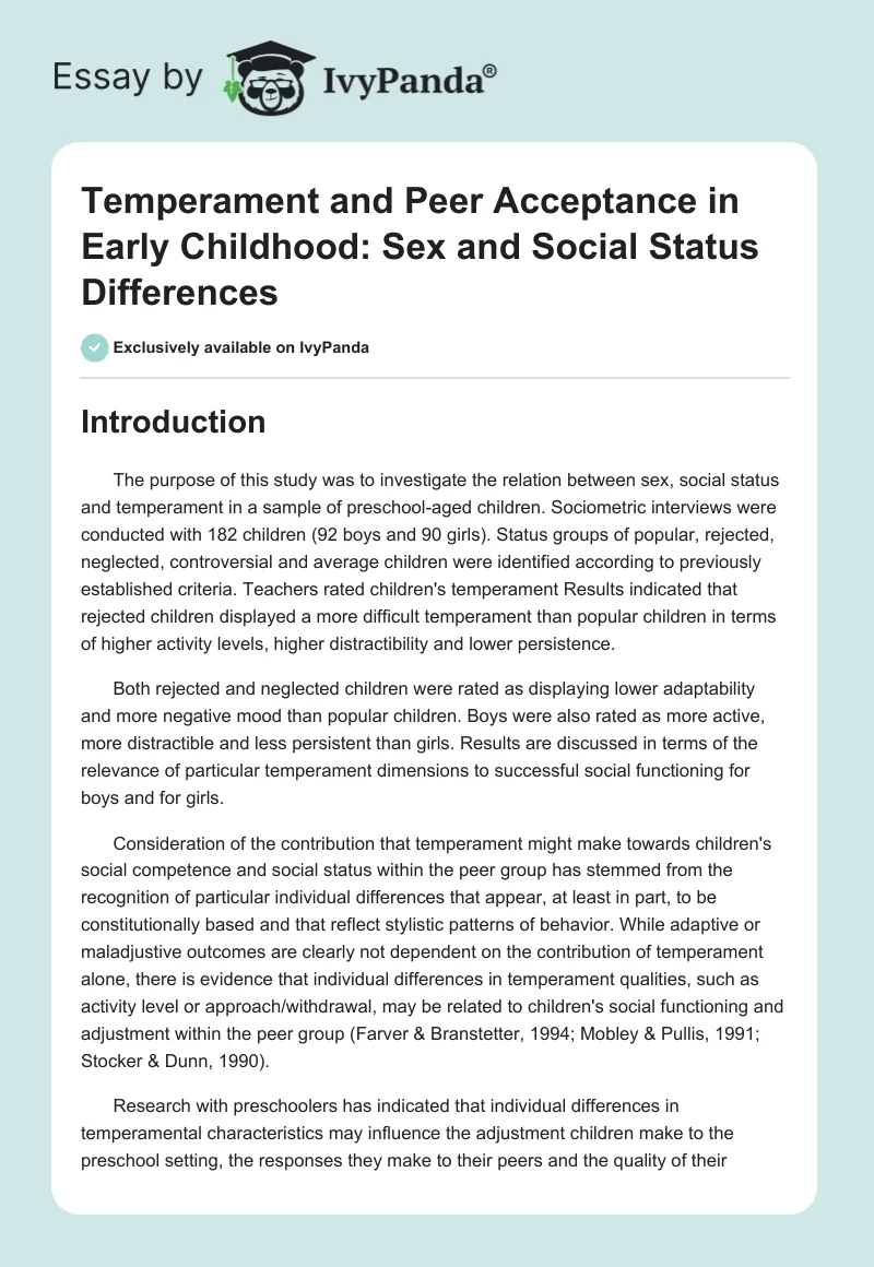 Temperament and Peer Acceptance in Early Childhood: Sex and Social Status Differences. Page 1