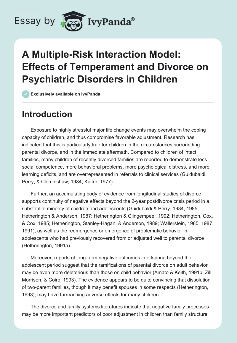 A Multiple-Risk Interaction Model: Effects of Temperament and Divorce on Psychiatric Disorders in Children. Page 1