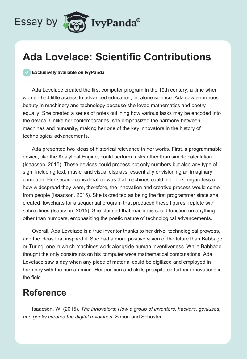 Ada Lovelace: Scientific Contributions. Page 1