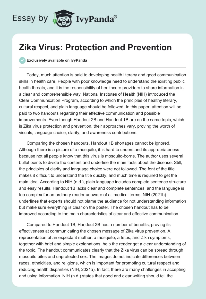 Zika Virus: Protection and Prevention. Page 1