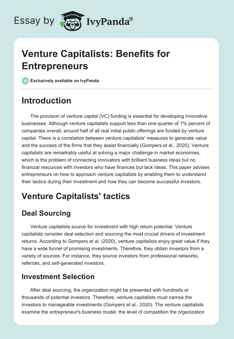 Venture Capitalists: Benefits for Entrepreneurs. Page 1
