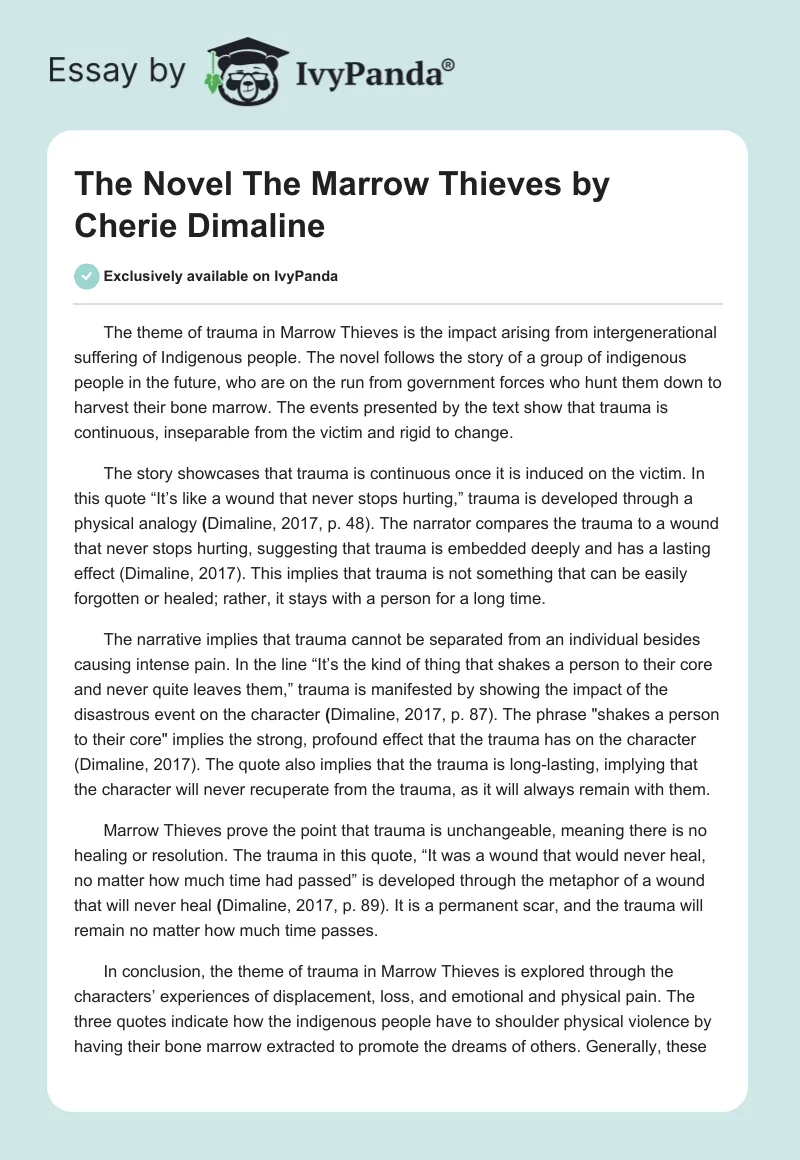 The Novel "The Marrow Thieves" by Cherie Dimaline. Page 1