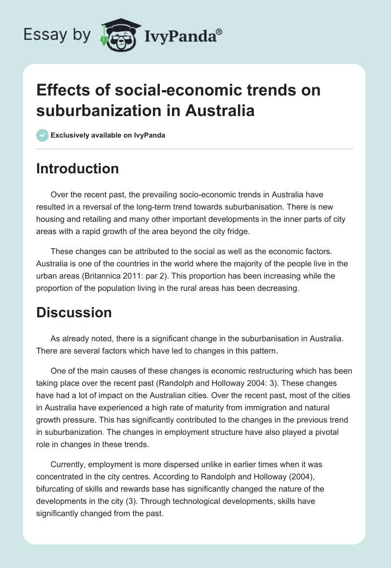 Effects of social-economic trends on suburbanization in Australia. Page 1