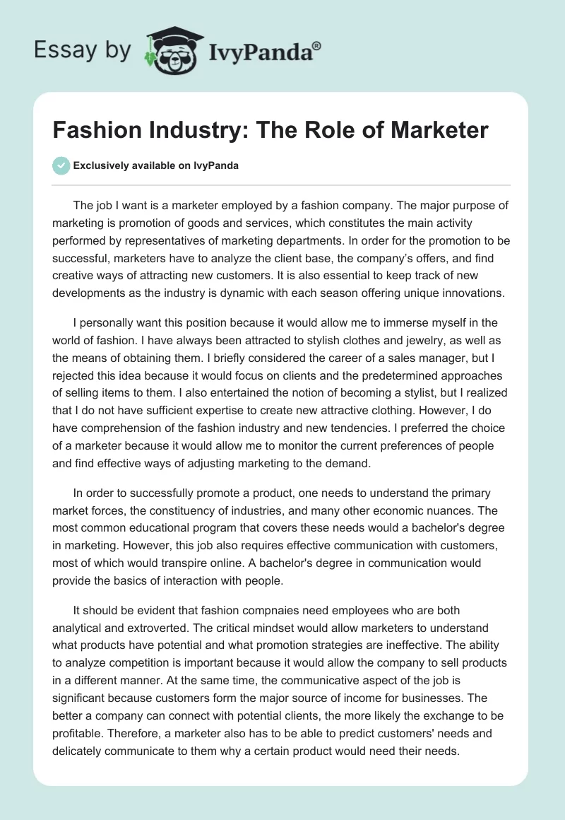 Fashion Industry: The Role of Marketer. Page 1