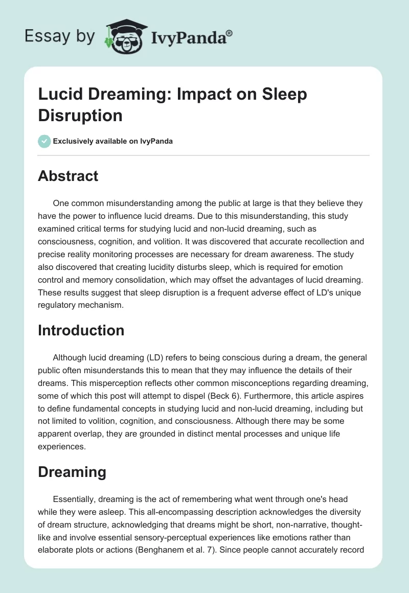 Lucid Dreaming: Impact on Sleep Disruption. Page 1