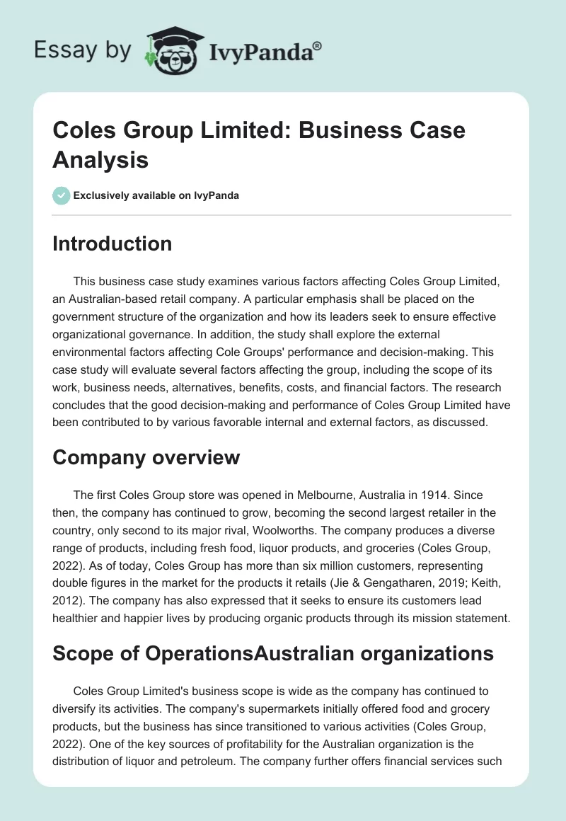 Coles Group Limited: Business Case Analysis. Page 1