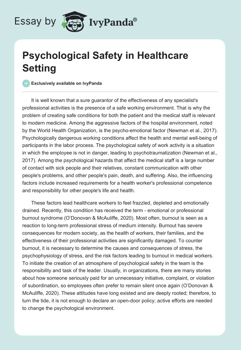 Psychological Safety in Healthcare Setting. Page 1